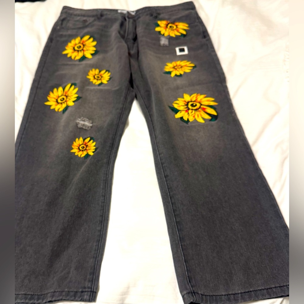 Misslook Women's Wide Leg Distressed Jeans Sunflower Boho Artsy – Size 2XL